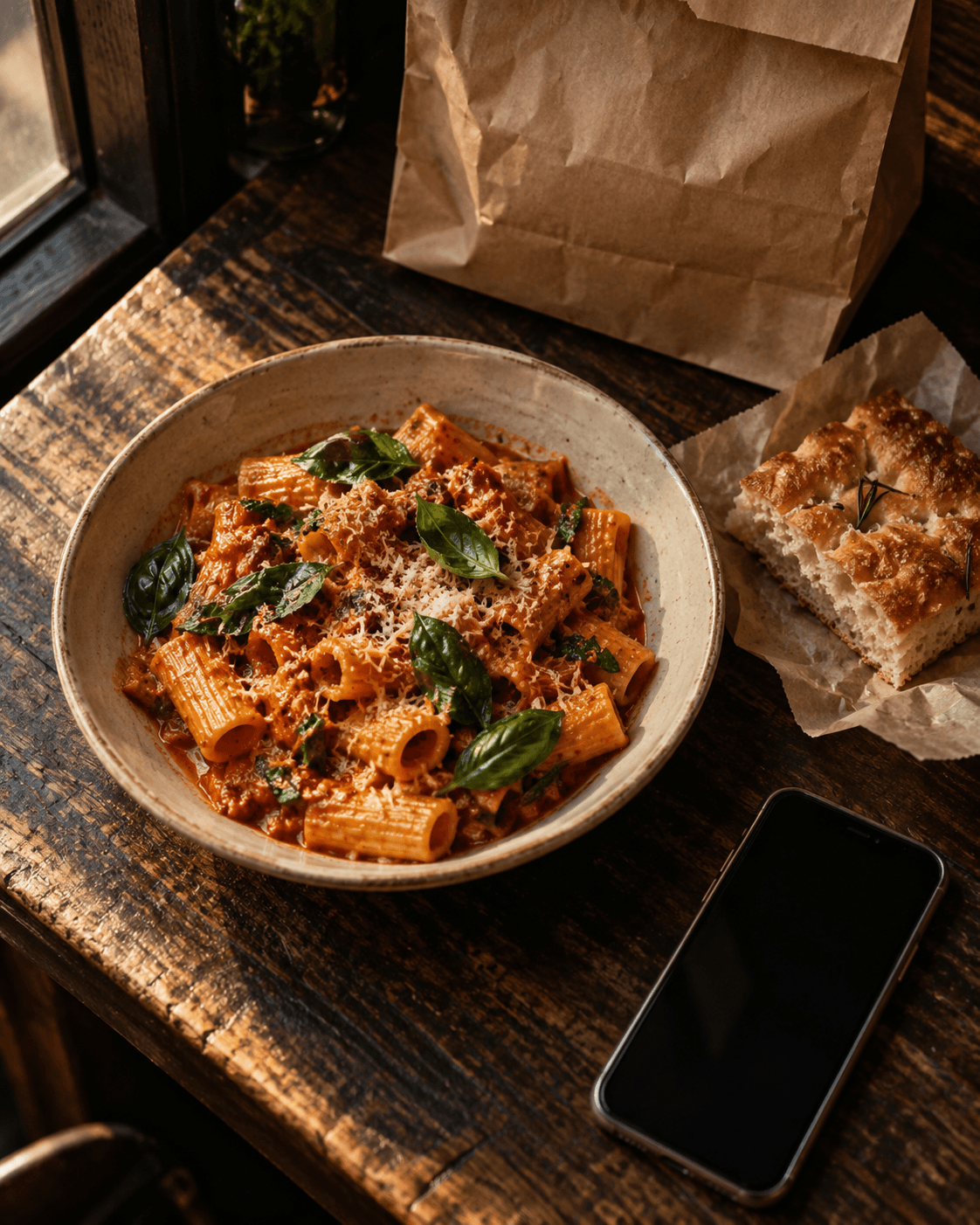 Takeout order with pasta and focaccia on a restaurant counter