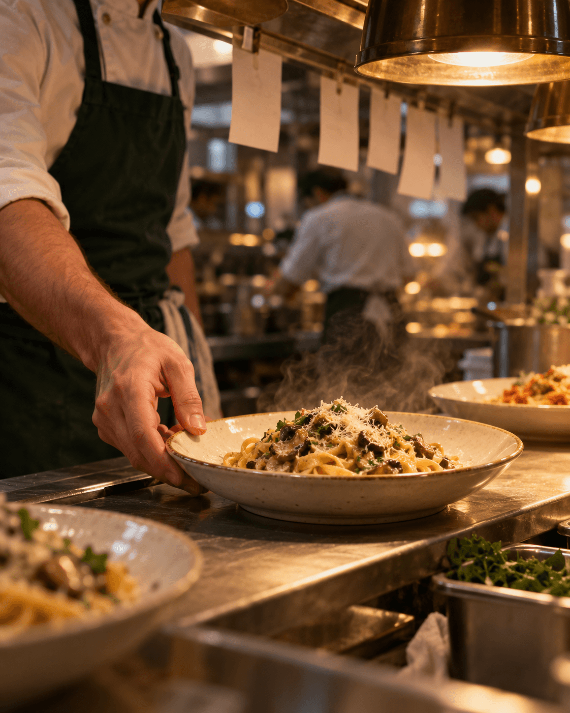 Chef plating pasta under heat lamps at a busy restaurant kitchen pass